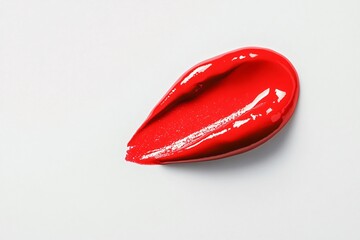 A red smear of lipstick is depicted on a white background. The lipstick is thick and shiny, bright red in color. The concept of confidence and audacity