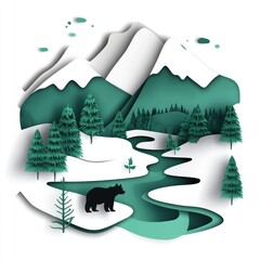 A solitary bear stands by a river in a snowy mountain range