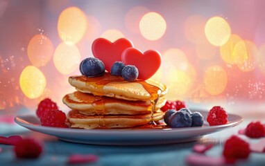 A floating plate of heart-shaped pancakes with syrup and fresh berries on a festive valentines day background