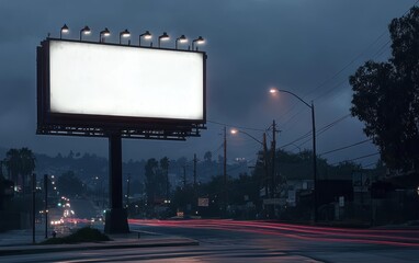 A large empty billboard standing on a city street, illuminated by streetlights