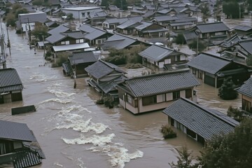 Fototapeta premium Aerial photograph capturing extensive flooding in residential neighborhood, with houses partially submerged under muddy waters and streets turned into rivers, showcasing aftermath of a heavy rainstorm
