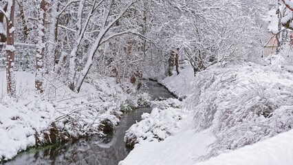 Water Creek Passing Through City Park with Trees and Shrubs Covered in Thick Snow on Beautiful Winter Day