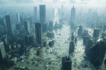 Aerial view depicting city streets and skyscrapers inundated with floodwaters, demonstrating the impact of natural disasters on urban infrastructure and resilience efforts in place