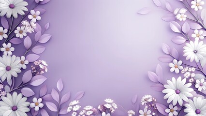 3d rendering of white daisies and small flowers on purple background with copy space for text, top view. Spring or summer floral banner design template 
