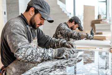 Workers fitting and sealing granite or quartz countertops in a modern kitchen installation project