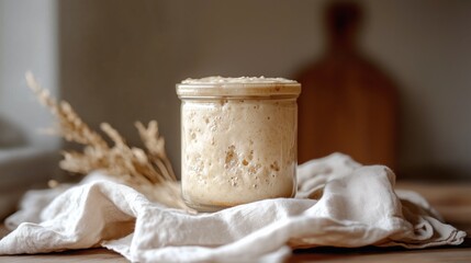A glass jar filled with active, bubbly sourdough starter, placed on a white cloth with wheat stalks in the background.