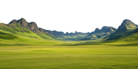 A tranquil alpine meadow featuring vibrant green grass bordered by lush coniferous forests. The serene valley stretches toward a majestic mountain range under a clear blue sky, creating a picturesque 