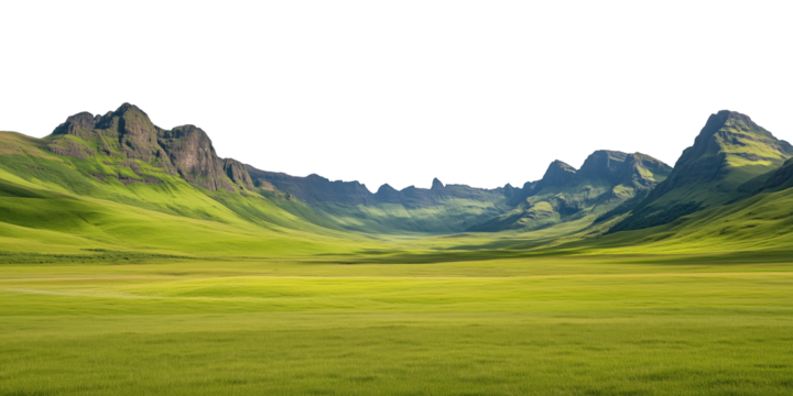 A tranquil alpine meadow featuring vibrant green grass bordered by lush coniferous forests. The serene valley stretches toward a majestic mountain range under a clear blue sky, creating a picturesque 