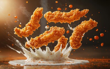 A flying crispy chicken tenders platter with ranch and buffalo sauce swirling around
