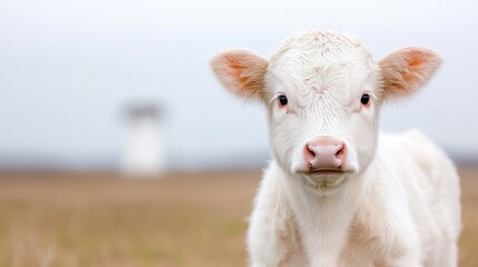 Fototapeta premium Cute white calf in field, foggy background, farm