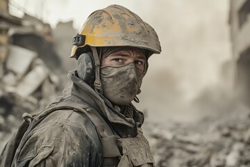Fototapeta premium Portrait of construction worker wearing dusty protective gear and helmet, surrounded by debris and rubble in background. Worker displays determination amidst chaotic environment