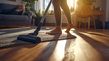 Fototapeta premium Housewife vacuuming wooden floor in living room
