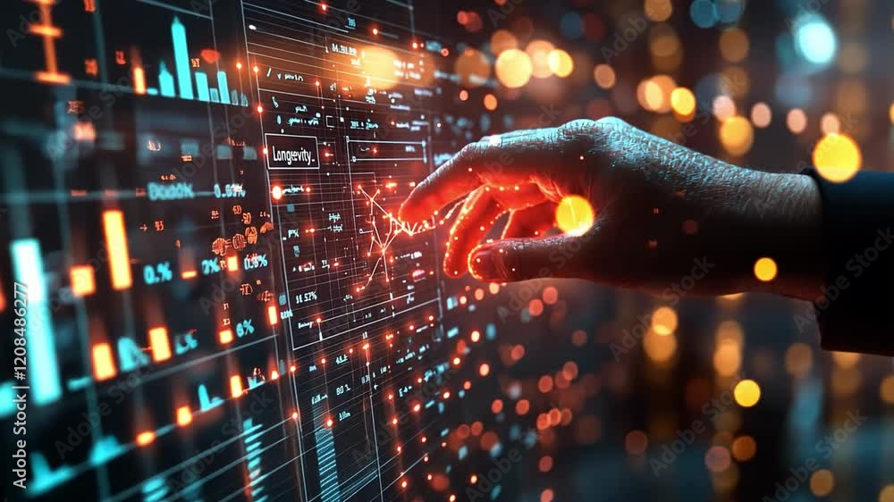 Poster hand interacting with digital data visualization during evening analysis in a tech workspace