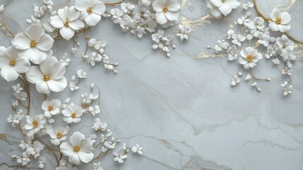 White flowers marble background design wall art