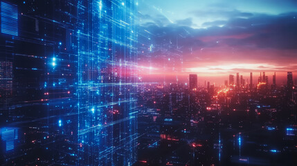 Fototapeta premium Smart digital Innovation city with connection network reciprocity over the cityscape. of future smart wireless digital city and social media networking systems that connects people with in city