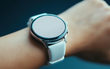 Fototapeta premium A futuristic smartwatch with a blank face on a wrist, close-up with soft shadows