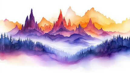 Watercolor painting of a misty mountain range at sunset, with vibrant colors and silhouettes of trees.