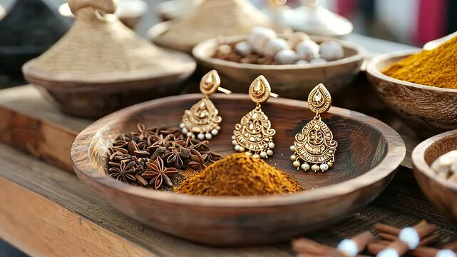 Traditional Arabian Earrings with Spices on Wooden Tray