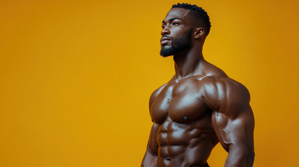 A highly defined bodybuilder with an impressive physique stands tall, showcasing his muscles and confidence.
