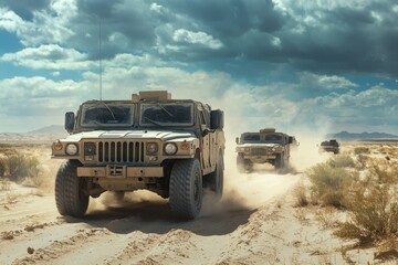 Military convoy traverses arid desert terrain during Operation Desert Storm with high-quality armored vehicles driving through sand