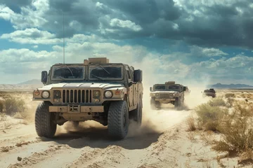 Peel and stick wall murals Military convoy traverses arid desert terrain during Operation Desert Storm with high-quality armored vehicles driving through sand