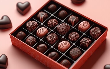 A mockup of a box of gourmet chocolates with intricate designs on a soft coral matte surface for valentines day and 8 march