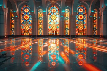 Stained Glass Windows Reflecting Light In A Grand Hall