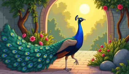 A wild peacock bird standing on a brick pathway. Peacocks, baby peacock wallpaper