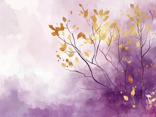 Watercolor Abstract Art with Golden Branches in Pastel Lilac Tones for Creative Backgrounds and Designs