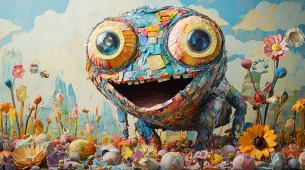 Fototapeta premium Vibrant and whimsical painting depicting a colorful quirky monster like creature with large expressive eyes and a happy smile set against a backdrop of a lush