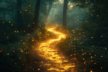 Obraz premium A luminous trail winds through a mystical forest, illuminating the path with golden light as dusk settles, creating an enchanting atmosphere filled with magic.