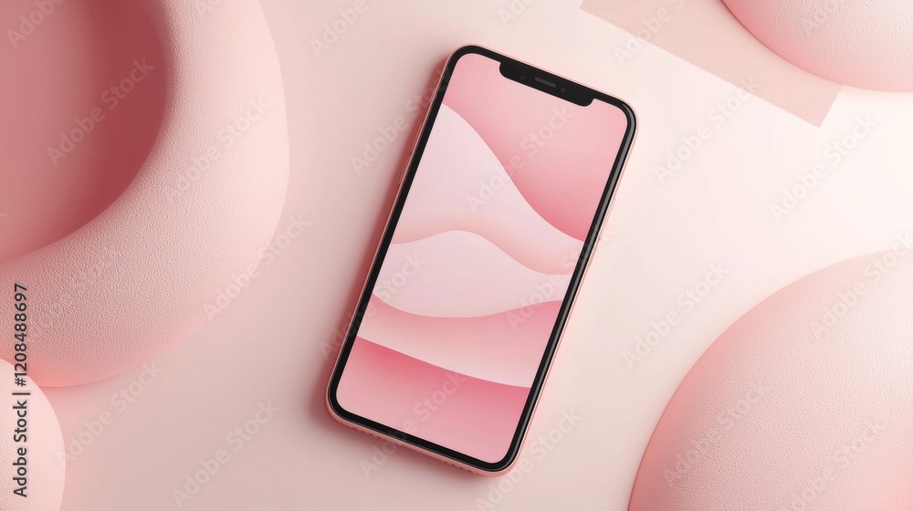 Poster modern pink smartphone showcasing abstract wave design on its screen, placed on a pink surface adorn