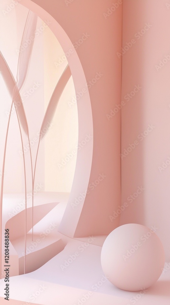 Poster pink sphere rests on a platform in an abstract architectural space with plants, creating a serene an