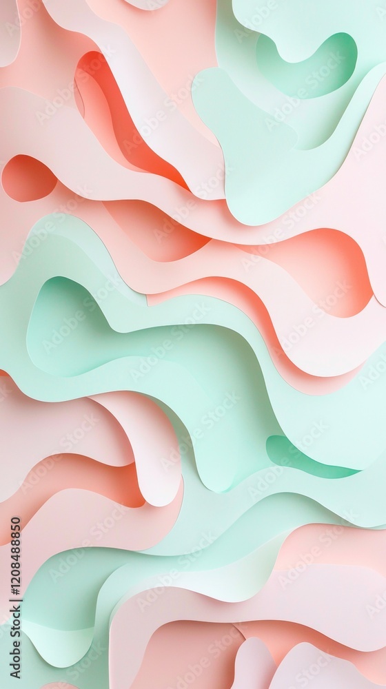 Poster Abstract background created with pastel colored paper cutouts forming a dynamic and visually appealing wavy pattern, perfect for design projects seeking a touch of modern elegance
