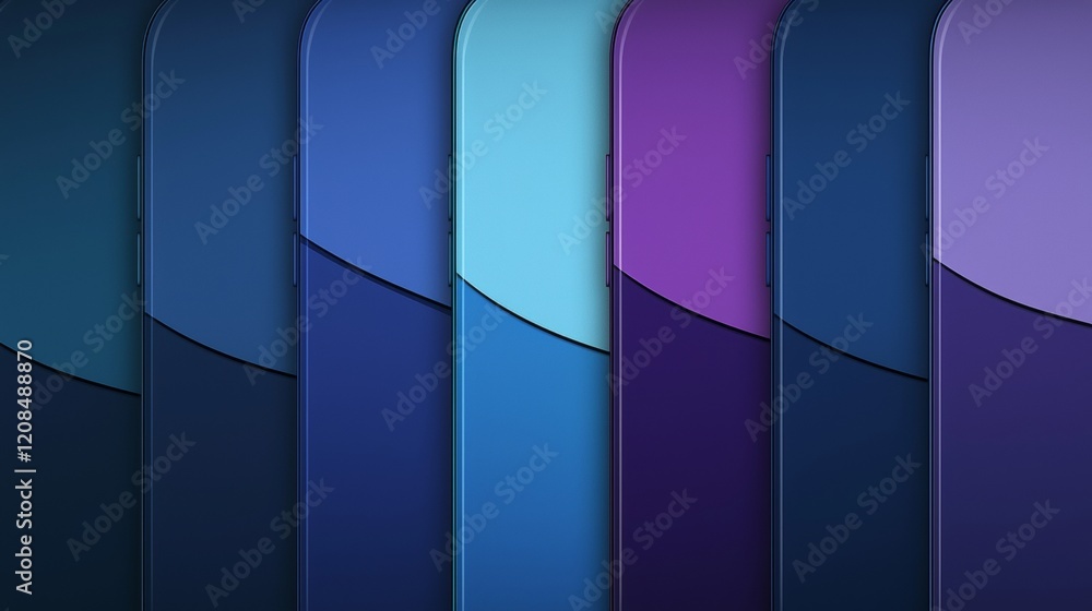 Poster modern smartphone design is showcased in a colorful background featuring overlapping layers of blue,