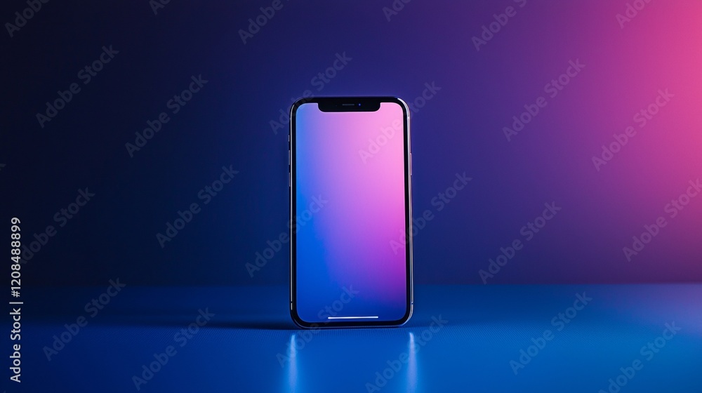 Poster modern smartphone displaying a vibrant gradient screen stands on a reflective surface, illuminated b