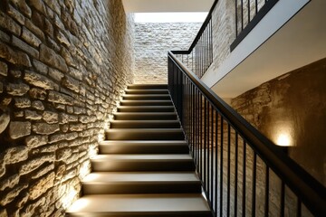 Fototapeta premium Modern stone staircase interior, lit, house, architectural detail, background wall