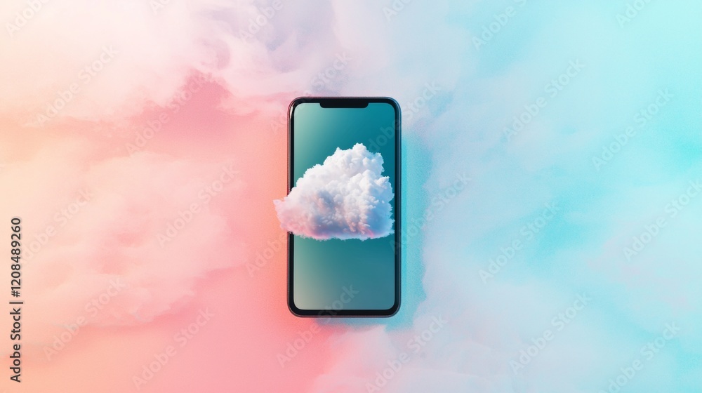 Aufkleber cloud computing technology is emerging from smartphone screen on pastel colored background, depictin