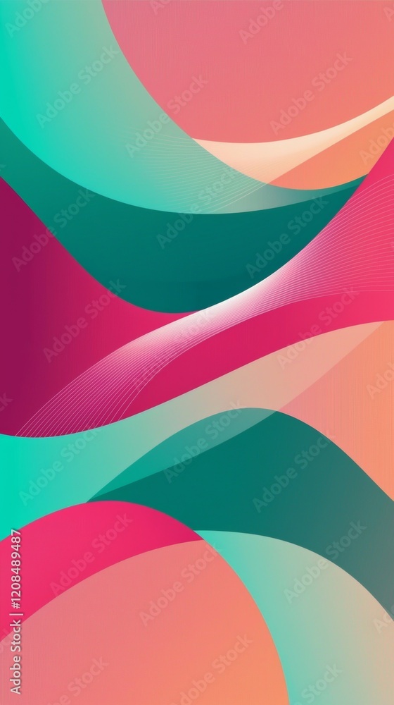 Poster smooth, curved shapes in teal, pink, and coral create a dynamic abstract background, with delicate w