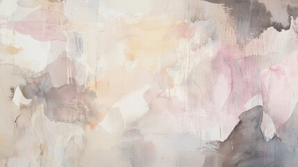 Soft pastel colors blend seamlessly in this abstract painting, creating a dreamy and ethereal atmosphere with gentle brushstrokes and delicate hues of pink, beige, and gray