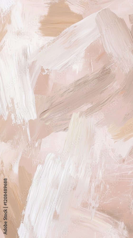 Poster large brushstrokes of beige and white paint create an abstract painting, adding depth and texture to