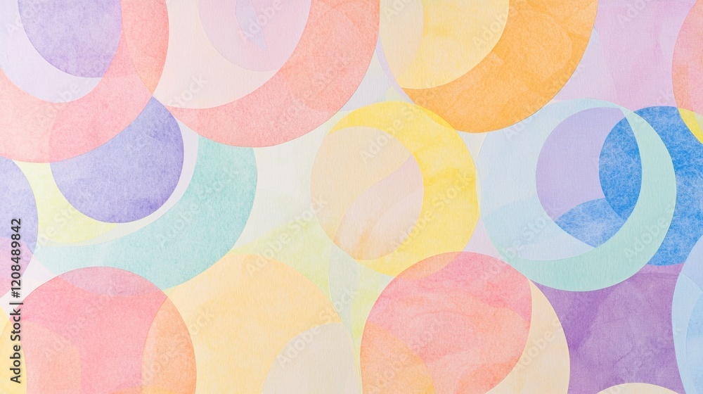 Poster soft pastel watercolor circles overlap, creating a beautiful and abstract pattern with a textured, a