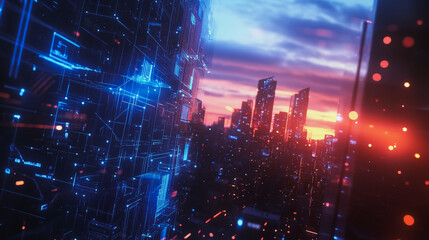 Obraz premium Smart digital Innovation city with connection network reciprocity over the cityscape. of future smart wireless digital city and social media networking systems that connects people with in city