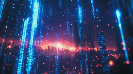 Obraz premium Smart digital Innovation city with connection network reciprocity over the cityscape. of future smart wireless digital city and social media networking systems that connects people with in city