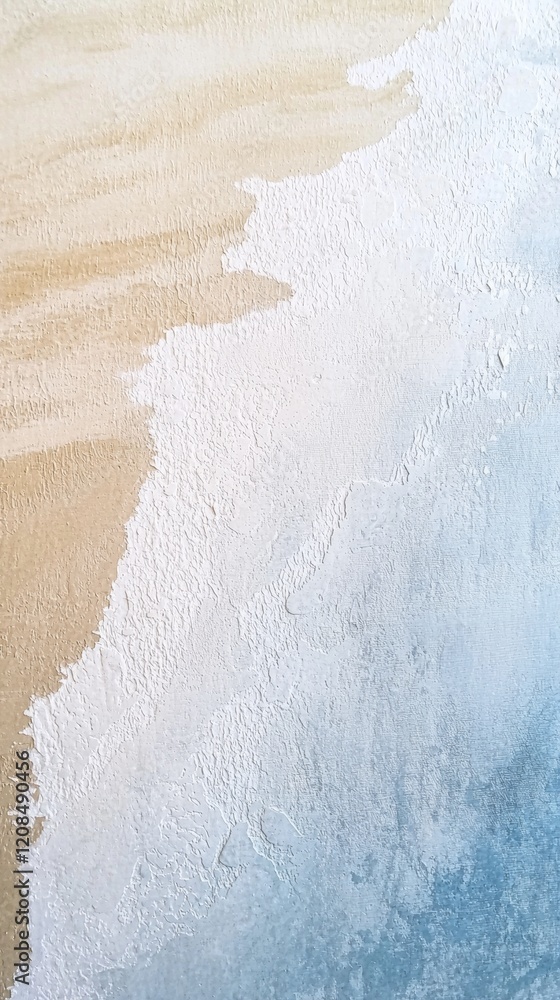 Poster abstract painting mixing beige, white and light blue colors creating a textured background with visi