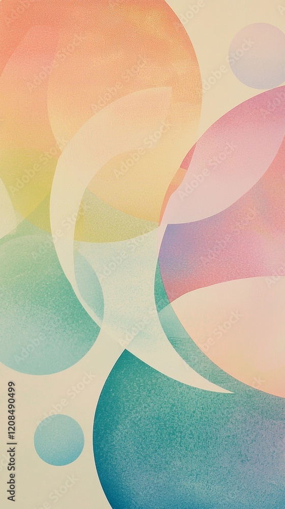 Poster colorful circles and curved shapes overlap, creating a visually engaging abstract composition with a
