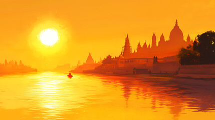 Sunset over the ganges river, with the golden light reflecting on the water and distant silhouettes of temples. Golden Sunset. Illustration