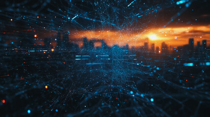 Smart digital Innovation city with connection network reciprocity over the cityscape. of future smart wireless digital city and social media networking systems that connects people with in city