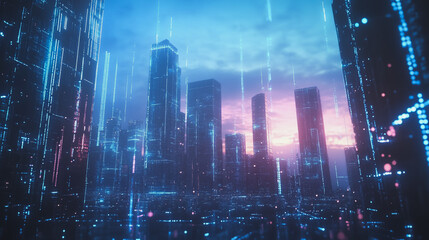 Fototapeta premium Smart digital Innovation city with connection network reciprocity over the cityscape. of future smart wireless digital city and social media networking systems that connects people with in city