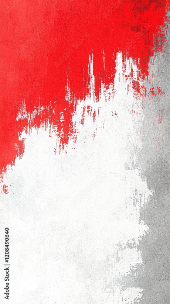 Poster bold strokes of red, white, and silver paint create a dynamic abstract composition, blending and con